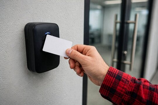 Employee swiping electronic access card at office door security reader for entry