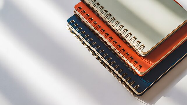 Colorful spiral bound notebooks stacked together on a white surface with soft natural shadows