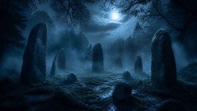 Moonlit Standing Stones In Haunted Forest Clearing
