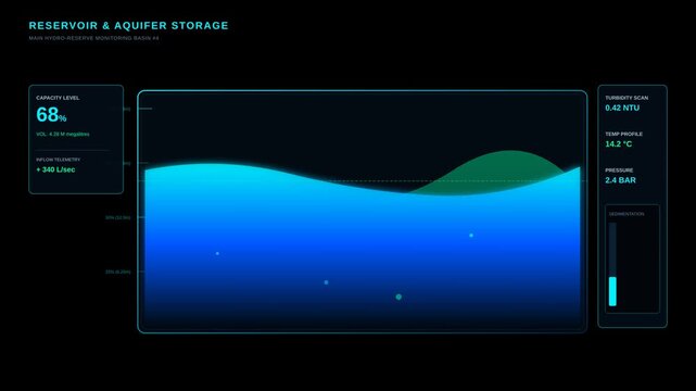 Digital Reservoir and Aquifer Storage Monitoring Dashboard Interface Showing Fluid Wave Animation