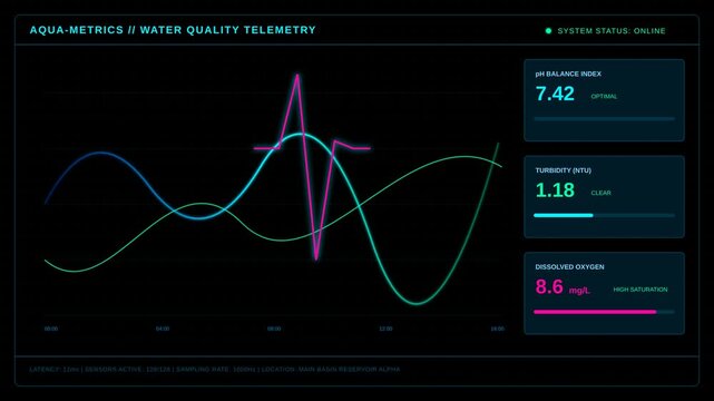 Digital Water Quality Monitoring Dashboard with Live Data Trends and Metrics Interface for Analytics