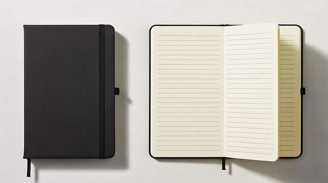 Open black notebook with lined pages and elastic closure on white background