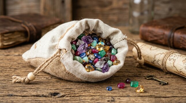 A burlap sack filled with colorful gemstones sits on a weathered wooden table. An antique leather-bound book and a rolled-up map are placed beside the sack.
