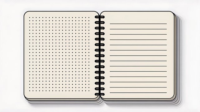 Open spiral notebook with dotted and lined pages on white background