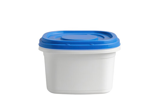 Rectangular food container with blue lid design element on transparent background