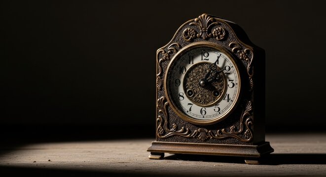 A vintage, ornate clock sits on a wooden table. The clock face displays the time, and its intricate design features floral patterns.