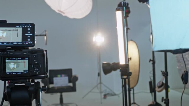 Professional video camera on set in filming studio