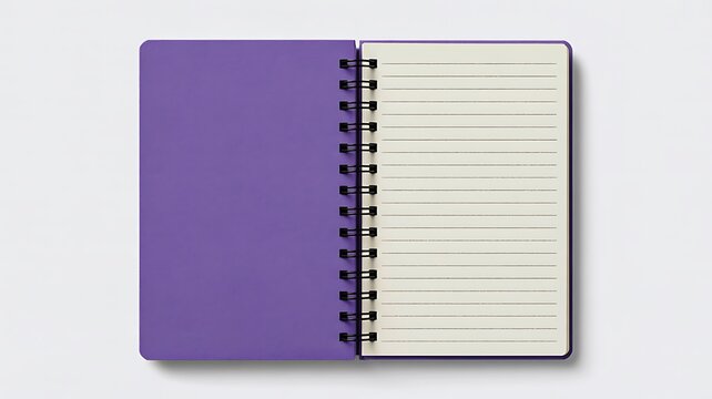 Purple spiral notebook with blank lined pages on white background
