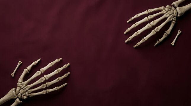 Skeleton hands and bones on dark red textured background