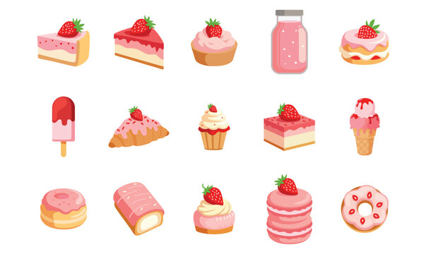 Food and desert with strawberry flavor vector graphic collection