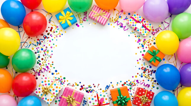 Colorful birthday party decorations arranged in a circular frame surrounding a central space for custom text featuring vibrant latex balloons and wrapped presents with ribbons for festive