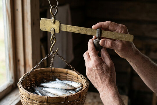 伝統的な竿ばかり（天秤秤）を使って竹かごの魚の重量を量る手元