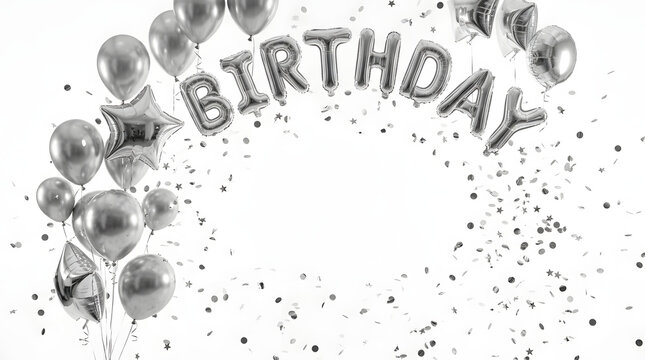 Silver foil balloons forming a celebratory birthday arch arrangement with sparkling metallic confetti flying around to mark a festive event for friends and family gathered together for the