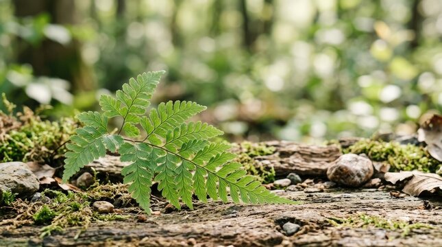 A vibrant fern frond rests on a moss-covered log in a sun-dappled forest. The fern is illuminated by soft sunlight filtering through the trees, creating a bokeh effect in the background.