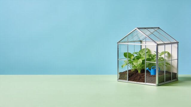 Minimalist glass greenhouse with lush plant against gradient sky background