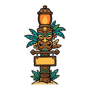 Traditional hand carved wooden totem pole with hanging blank sign and lamp