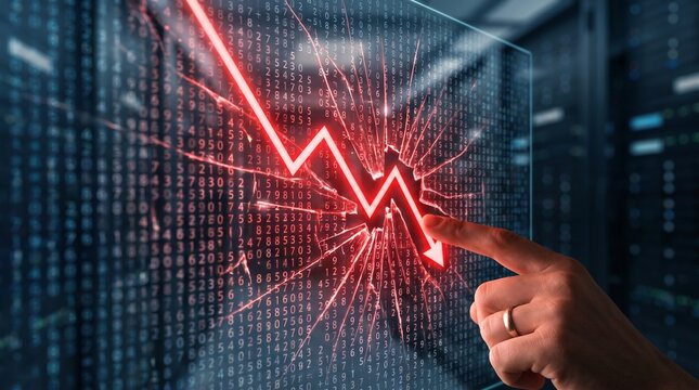 Stock market crash concept with hand pointing at falling red arrow breaking digital data screen