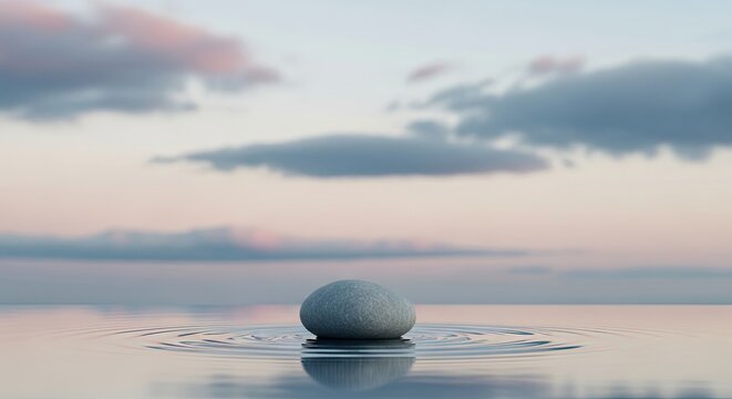 A smooth, gray stone rests peacefully on the surface of a calm lake. Ripples radiate outward from the stone's impact, creating a circular pattern in the water.