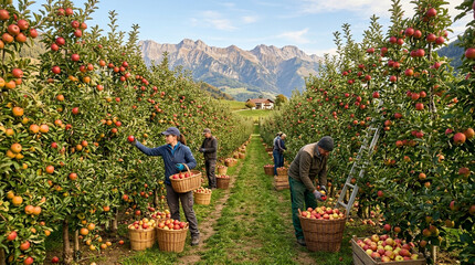 Fototapeta premium Apple orchard picking harvest season autumn mountain landscape farm workers