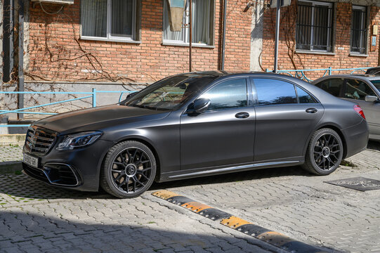  April 2, 2026, Tbilisi, Georgia Mercedes-Benz AMG S 63 matte black sedan front and side views on parking lot
