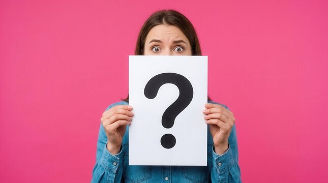 Emotional woman holding a question mark sign on pink background