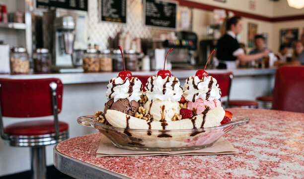 Traditional classic banana split gelato sundae with vanilla, chocolate, and strawberry scoops, fresh banana, whipped cream, and chocolate syrup, retro counter table,