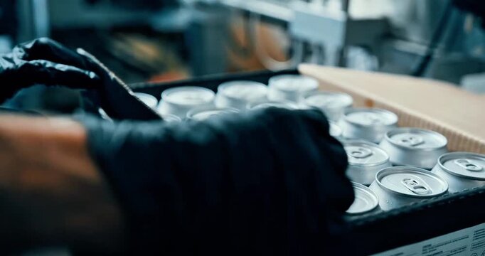 Aluminum Beverage Cans Packed in a Cardboard Box at a Brewery Production Facility for Distribution