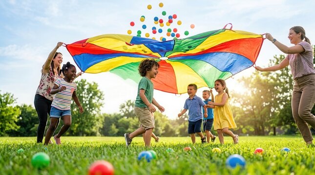 Low angle view of a group of children and teachers playing with a rainbow playground parachute on green grass during a summer camp activity.