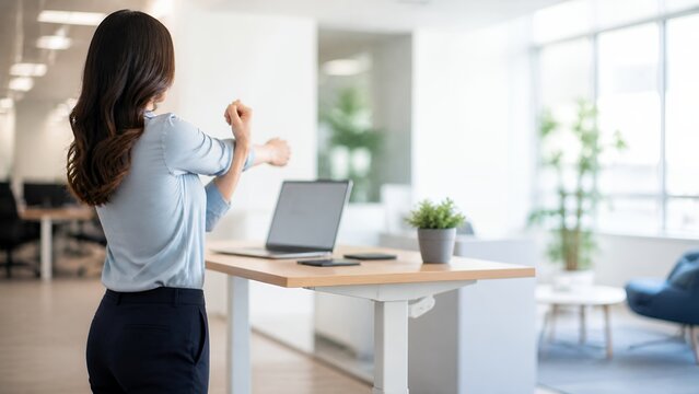 Business Professional Stretching Beside Standing Desk