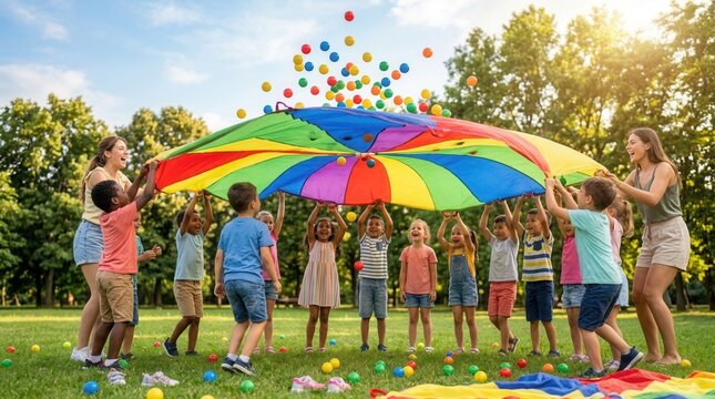 Children and teachers playing with a rainbow playground parachute on green grass during a summer camp activity.