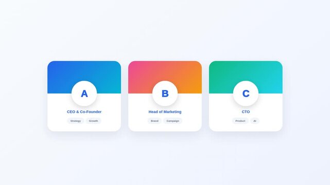Gradient UI cards display professional leadership roles with vibrant color transitions in this clean modern motion business concept animation video