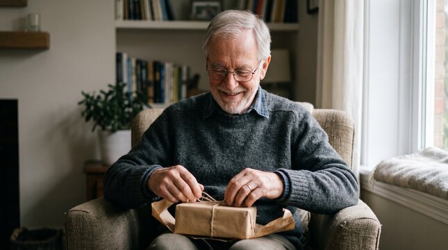 Smiling elderly man with glasses opening a gift box wrapped in brown paper and twine at home