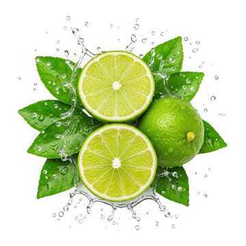 Fresh green lemons with leaves and droplets