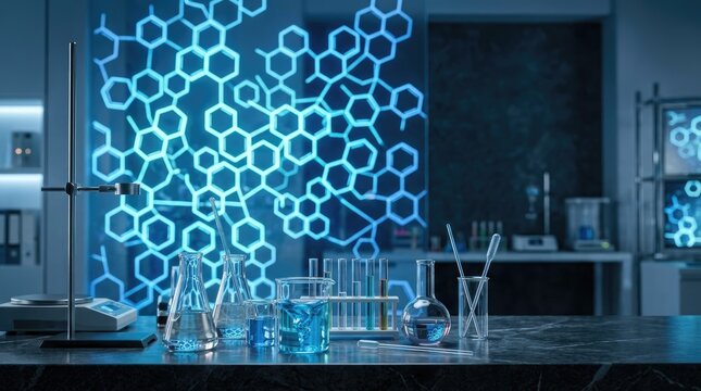 A laboratory setting displays a blue, hexagonal pattern projected onto a wall. Several beakers, flasks, and test tubes filled with blue liquid are arranged on a dark countertop.