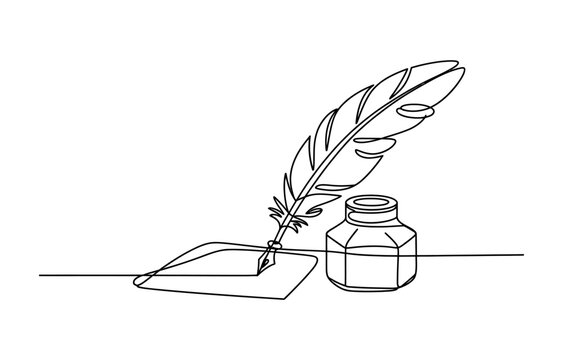 Continuous single line drawing of an old feather quill pen and ink bottle on a piece of paper for writing or calligraphy