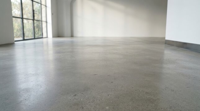 Sunlight floods a large, empty room with white walls and a polished concrete floor. A massive floor-to-ceiling window dominates one wall, reflecting the light and creating a bright, airy atmosphere.