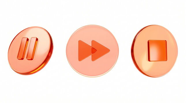Glossy red medicine pills arranged as play and pause web buttons isolated on a clean white background