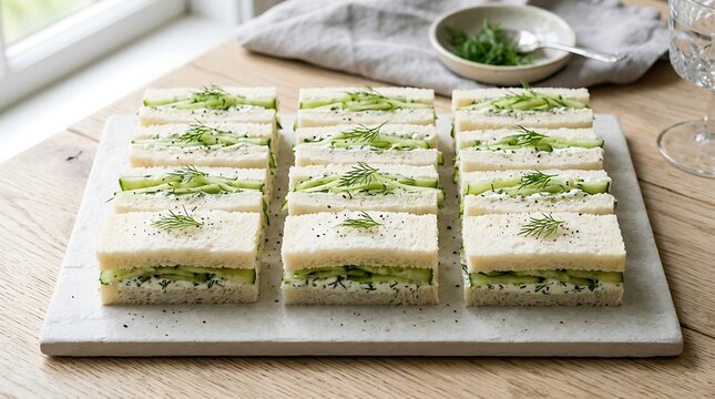 Small square sandwiches with salmon and herbs served on a wooden board. Sandwich appetizer ideas