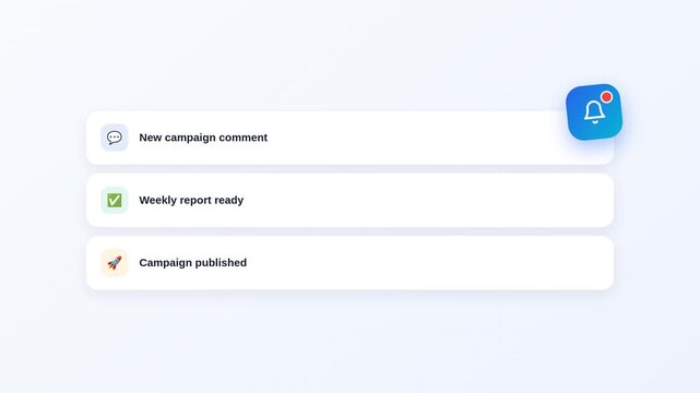 Modern digital user interface notification panel displaying software alert status updates in smooth motion video for sleek business application dashboards