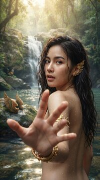 Mystical Thai Forest Nymph Emerging from Sacred Waterfall with Golden Wings and Traditional Ornaments in an Enchanted Natural Sanctuary