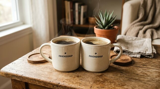 Two mugs with the word "Friendship" are placed on a wooden table next to a potted succulent. Steam rises from the coffee in each mug.