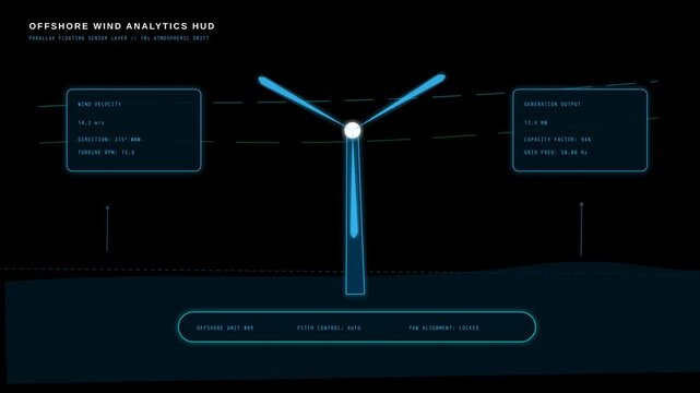 Digital Offshore Wind Turbine Analytics HUD Interface Monitoring Renewable Energy Data Flow