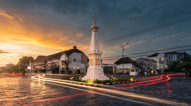 Golden hour photography of Yogyakarta city intersection with blurred lights and traditional architecture