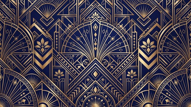 Luxury art deco background with golden geometric patterns on dark blue