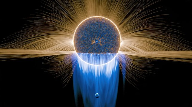thermosphere. A painterly solar corona explosion with rippling aurora energy cascading toward a small blue planet. STEM education sheets.