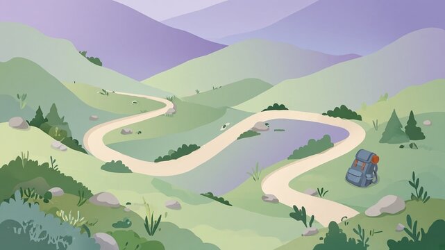 Illustrated trail switchback diagram pastel hills