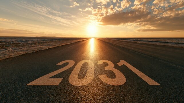 An empty straight asphalt highway stretches toward the horizon with the year 2031 painted in white. Warm light enhances the road texture.