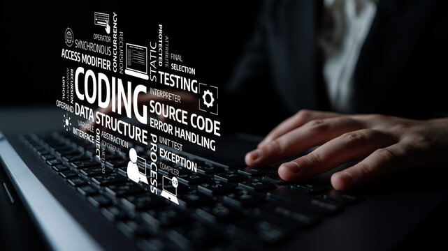 A person typing on a keyboard with floating coding keywords, symbolizing the world of software development, programming, and technology innovation in action. Tessel
