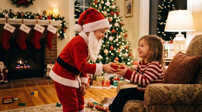 Boy dressed as Santa Claus gives a gift to a happy girl in a festive living room with a Christmas tree and fireplace