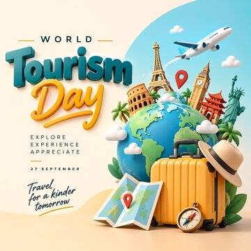 World tourism day 3D illustration with globe world landmarks airplane suitcase hat and compass on soft background vacation airplane suitcase landmarks